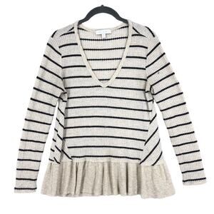 Eri + Ali Top Women's Small Cream Black Striped Waffle Knit V-Neck Long Sleeve